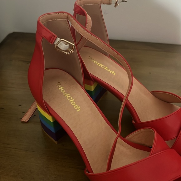 Modcloth Meeting Rainbow Red Ankle Strap Block Heel Sandals - Picture 4 of 6